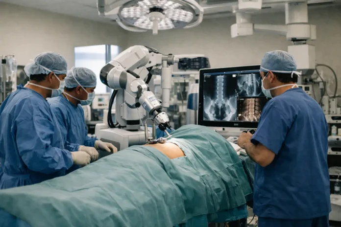 Surgeons perform robot-assisted spinal surgery in operating room