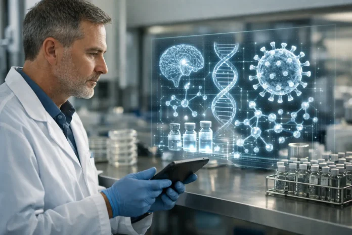 لقاحات تقاوم الحرارة: إمكانيات الذكاء الاصطناعي وتحديات التطبيق.jpg Scientist examines digital DNA and virus visualization in laboratory