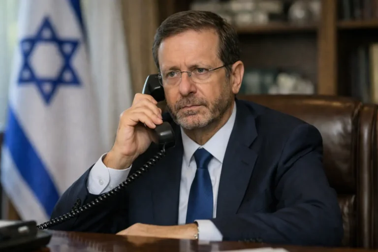 Israeli President Isaac Herzog speaks on a telephone