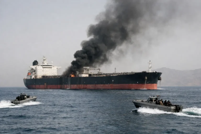 Burning oil tanker emits black smoke as patrol boats pass