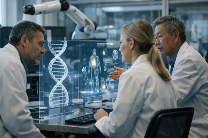 Scientists examine DNA data on a transparent laboratory display.