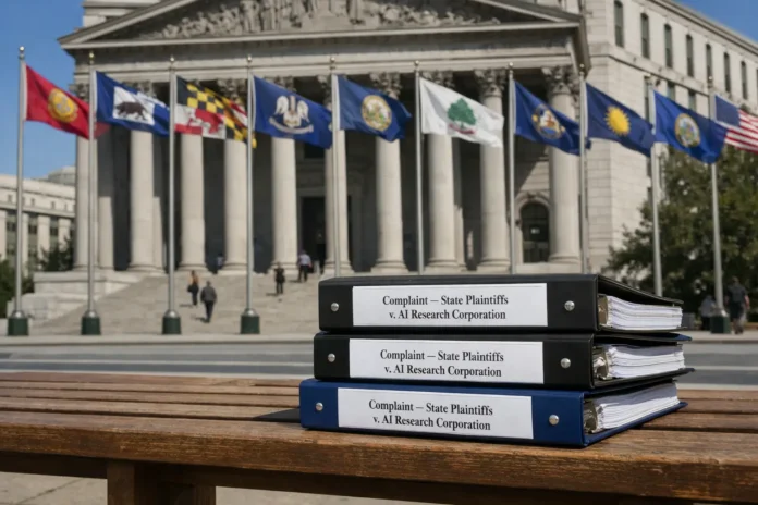 ثماني ولايات أمريكية تقاضي أوبن إيه آي بتهمة دفع أطفال لإيذاء أنفسهم والآخرين.jpg Legal complaint binders outside courthouse with state flags