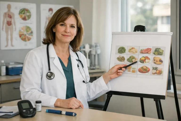 Doctor points to healthy food chart in clinic