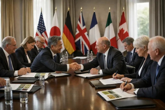 Officials shake hands at a G7-style diplomatic meeting