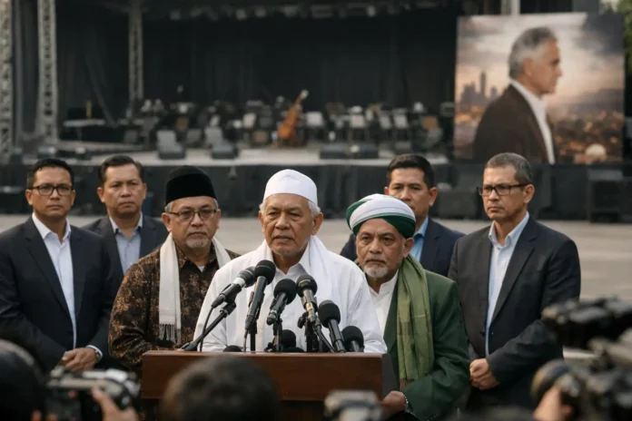 مطالبة بإلغاء حفلي أندريا بوتشيلي تثير حرج المنظمين في إندونيسيا.jpg Religious leader speaks at podium before concert stage