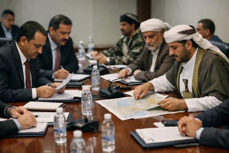 Officials review a map during a formal meeting