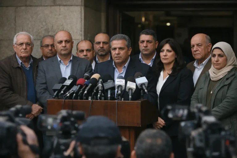 Officials address reporters at a crowded outdoor press conference.