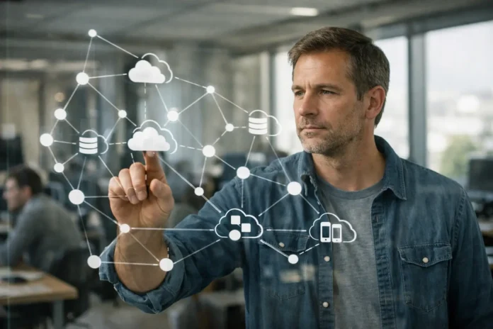 Man interacting with cloud computing network interface